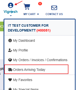 Orders Arriving Today in the account menu